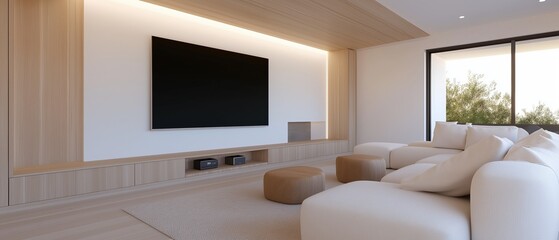 Modern living room with a large flat-screen tv mounted on the wall above a wooden entertainment center. the tv is mounted on a white wall with a wooden panel on the left side.