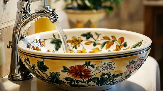 Vintage oriental porcelain bowl with intricate floral pattern in traditional blue and gold design. hand painted with flowers in italian style,antique ceramic art in warm lighting