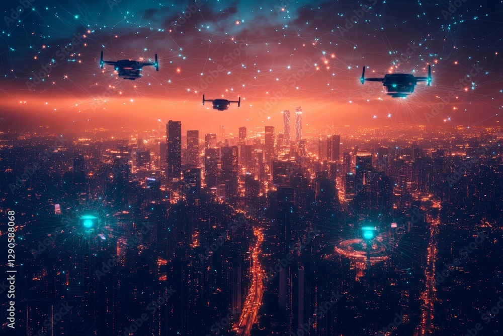 Poster drones flying over a futuristic city skyline at twilight with illuminated skyscrapers and a network 