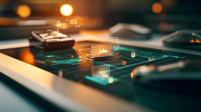 A futuristic digital interface showcasing advanced technology with graphic elements and touch-sensitive tools, ideal for tech innovations.