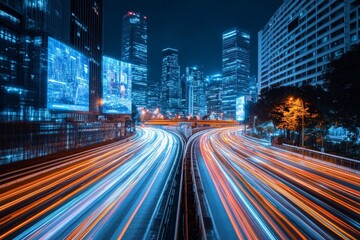 Naklejka premium Vibrant city lights illuminate a busy highway at night in a modern urban landscape