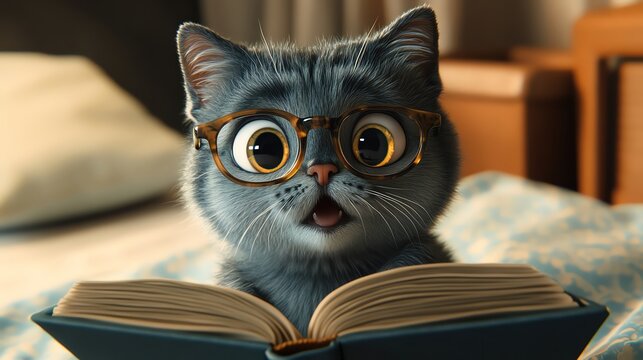 Surprised cat with glasses reading a book, eyes wide open in astonishment