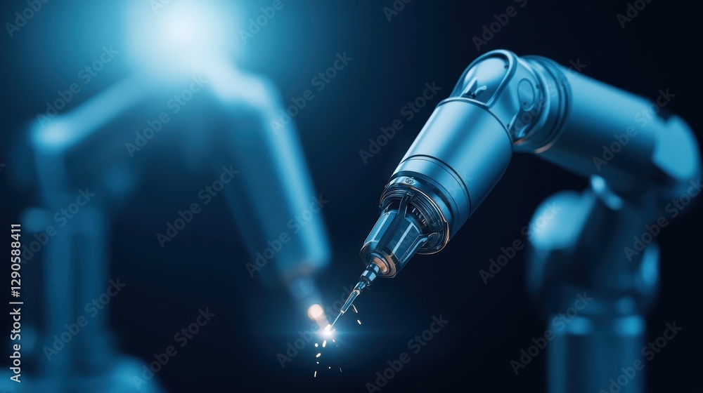 Poster robotic arms performing precision welding industrial workshop technology controlled environment clos