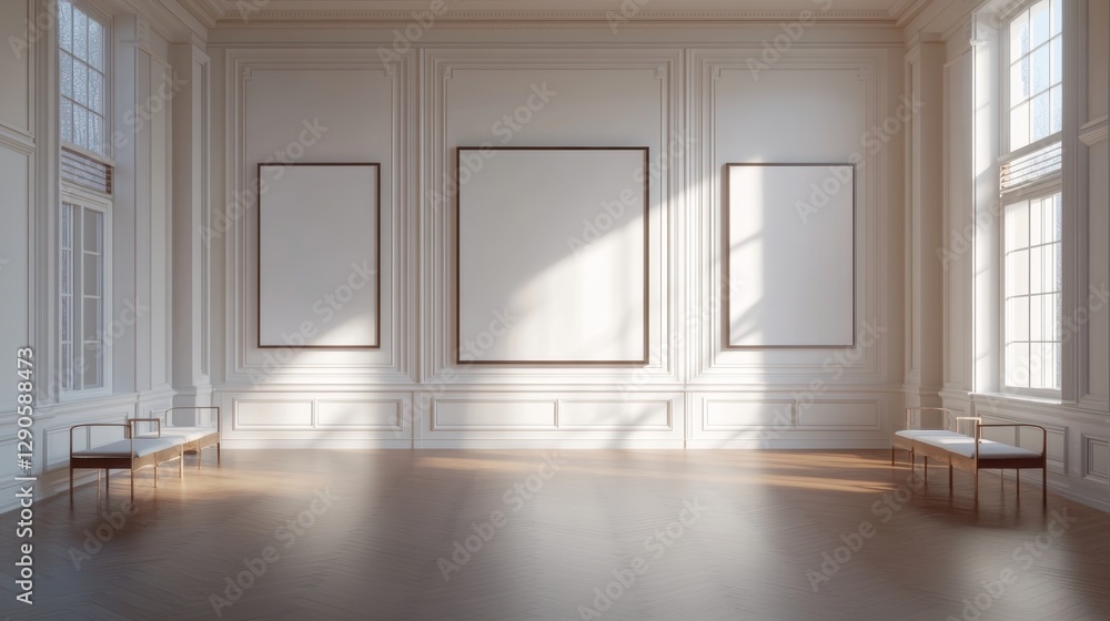 Poster Elegant Empty Room With Large Windows Allowing Soft Sunlight to Fill the Space, Enhancing the Minimalist Atmosphere of Tranquility and Sophistication