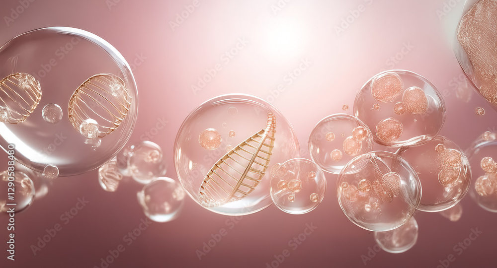 Aufkleber bubbles containing dna strands float against a soft pink gradient backdrop. the scene is bright and 