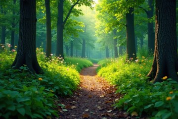 Fototapeta premium Clear path winding through lush forest, small boots , healthy living, children