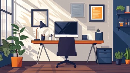 Fototapeta premium Modern Workspace with Plants, Desk, Computer and Shelves in Bright Room