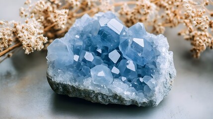 Stunning Celestite Crystal Cluster Blue Mineral Specimen with Dried Flowers Close up Macro