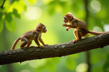 Common squirrel monkeys playfully leap across a tree branch , Neotropical, vibrant