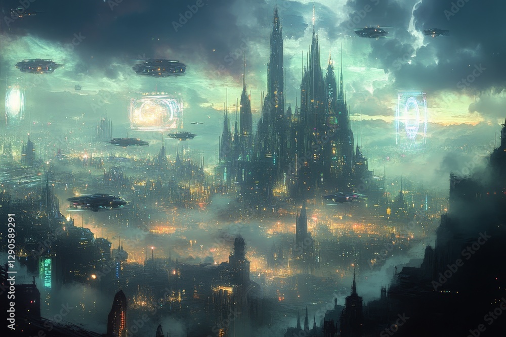 Poster Futuristic cityscape with towering spires, hovering spacecraft, and glowing lights in an atmospheric twilight setting