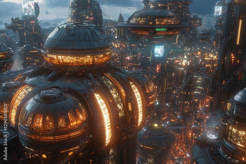 Poster Futuristic cityscape at twilight with glowing domes and hovering structures illuminating the skyline