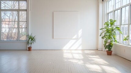 Fototapeta premium Sunlit empty art studio, blank canvas, plants