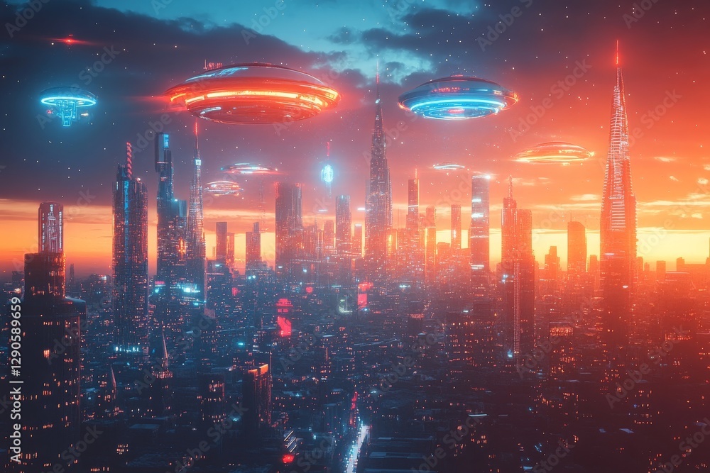 Poster futuristic city skyline with hovering spacecraft and vibrant sunset lights over modern architecture