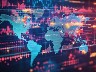 World map overlaid with fluctuating stock graphs, global financial uncertainty, economic instability, market volatility, economic risk
