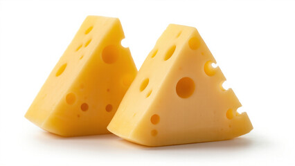 Two delicious pieces of cheese, isolated on white background