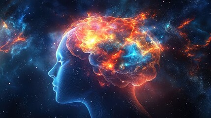Obraz premium Futuristic abstract design with neural links, glowing brain activity, and radiant cosmic light