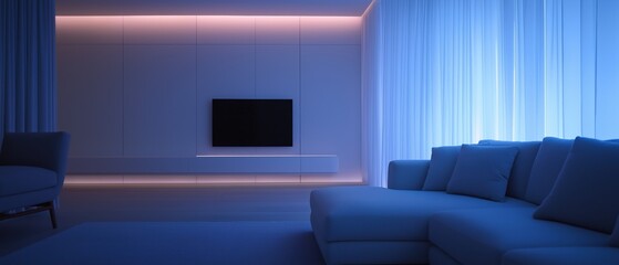 Modern living room with a blue color scheme. the room has a large window with sheer white curtains on the right side, allowing natural light to enter the space.