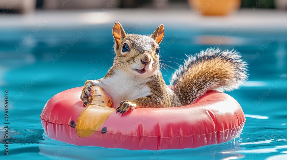 Poster squirrel is sitting on a red inflatable pool float in a pool. the squirrel is holding a banana in it