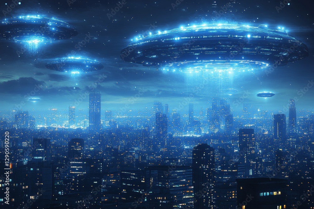 Poster futuristic cityscape with hovering spacecraft illuminating the skyline at night in a vibrant urban s