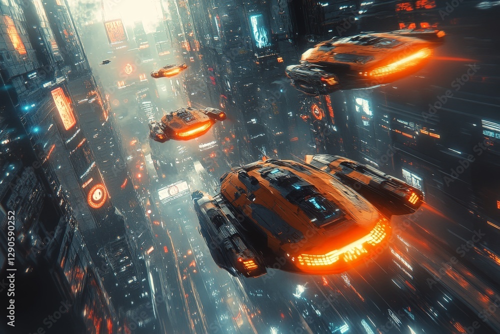 Aufkleber futuristic hovercrafts navigate through a cyberpunk cityscape during twilight hours