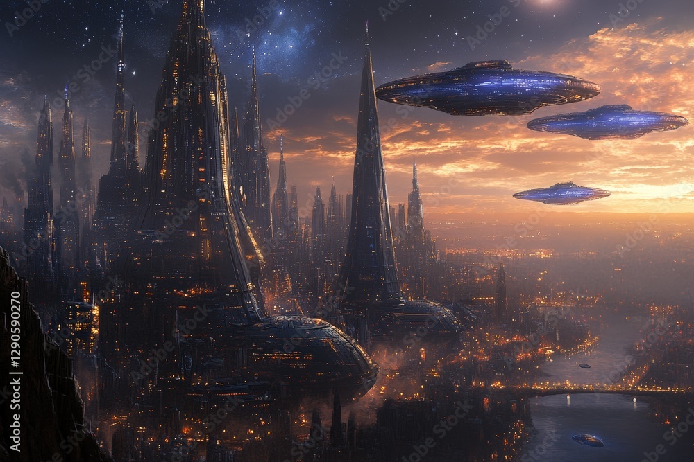 Poster Futuristic city skyline under an evening sky with unidentified flying objects hovering above