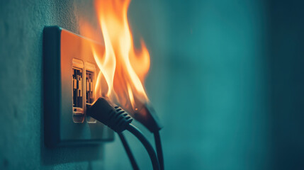 Close up of electrical outlet with wires on fire, showcasing dangerous situation. flames highlight risk of electrical hazards and importance of safety