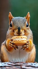 Obraz premium Squirrel is holding a pastry in its mouth. Concept of curiosity and playfulness, as the squirrel seems to be enjoying its snack