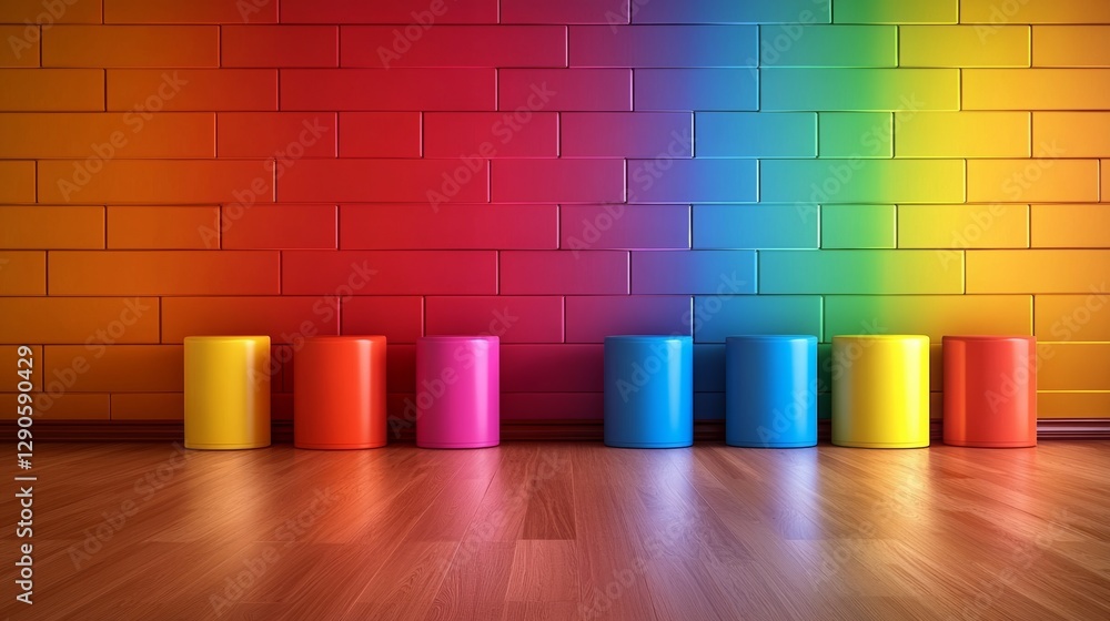 Poster colorful brick wall with a row of colorful stools in front of it. the stools are arranged in a row, 