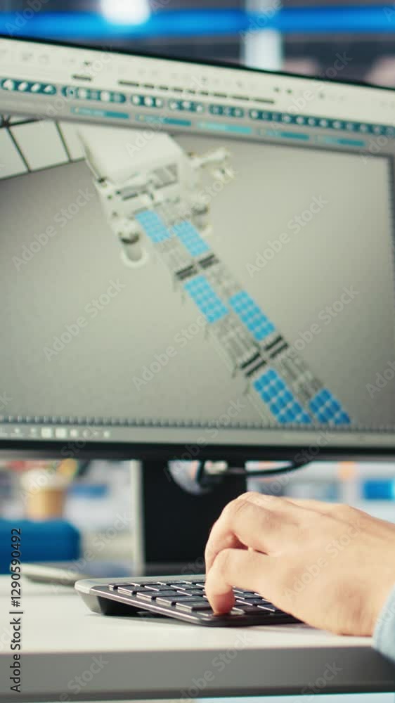 Poster vertical video photovoltaics factory engineer using program on pc to improve solar panels efficiency