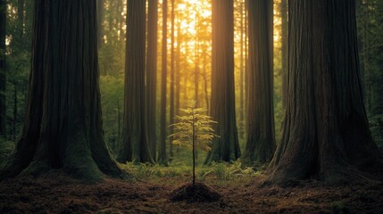 A young sapling stands alone in a majestic redwood grove, surrounded by towering giants, showcasing the beauty of nature and the promise of new beginnings amidst stillness.