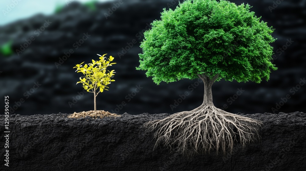 Poster small tree is growing in the dirt next to a large tree. the small tree is surrounded by dirt and roc