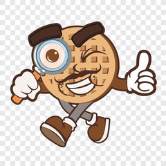 Waffle character looking through magnifying glass. Vector illustration of waffle man. Simple vector. EPS 10