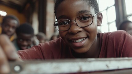 A cheerful child in glasses beams with joy in a classroom, representing the essence of youth, learning, and the joy of discovery in a vibrant educational setting.