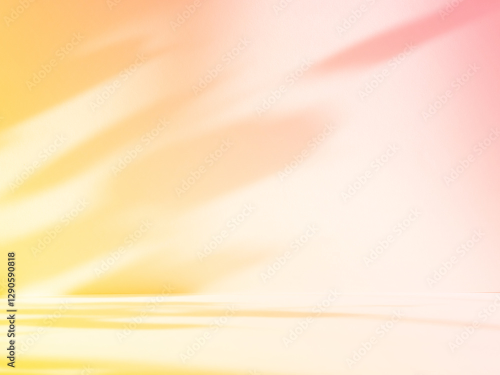Poster Abstract pink color gradient studio background for product presentation. Empty room with shadows of flowers and plant leaves. 3d orange room with copy space. Summer concept. Blurred backdrop