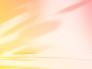 Abstract pink color gradient studio background for product presentation. Empty room with shadows of flowers and plant leaves. 3d orange room with copy space. Summer concept. Blurred backdrop