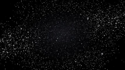 Organic dust particles floating on black background, glittering sparkling, rotating dynamic white particles, flickering in space, 3D illustration, black background, flickering, particles