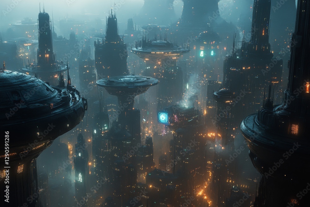 Poster futuristic city skyline shrouded in mist with glowing towers and hovering platforms during twilight 
