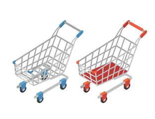 Set of two isometric steel shopping cart with blue and red handle. Metal grocery carrier. Supermarket equipment. Four-wheeled basket. Retail shopping tool. Vector illustration isolated on white
