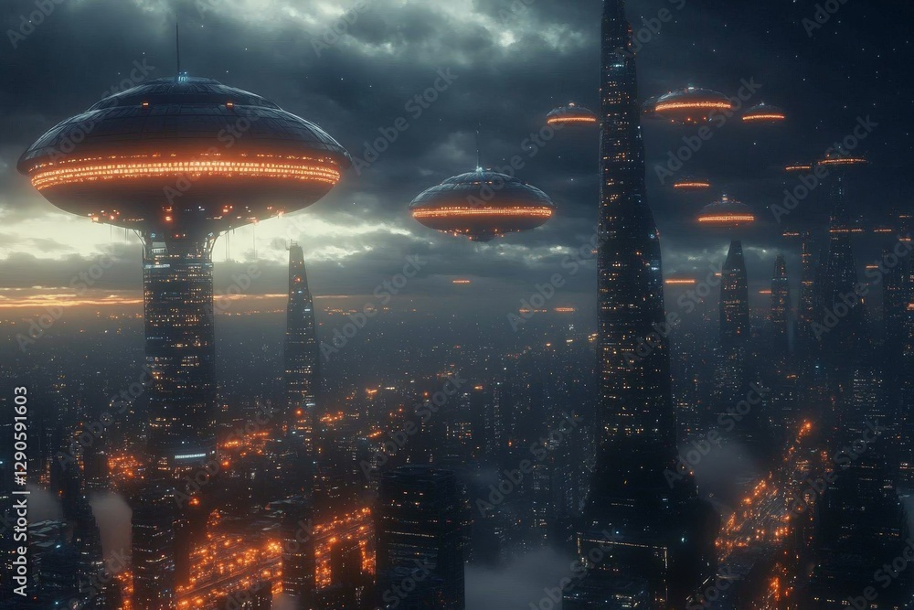 Poster futuristic city skyline at dusk with floating vehicles and towering structures illuminated in orange