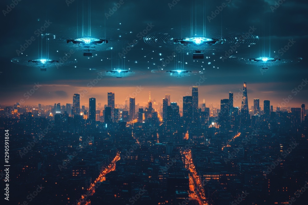 Poster futuristic city skyline under hovering drones at dusk with bright lights and a mysterious atmosphere