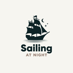 Silhouette Sailing Ship Sailboat On Ocean Logo Design