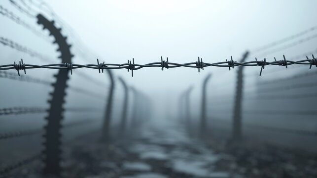 Barbed Wire Fence in Foggy Landscape Evoking Sense of Isolation