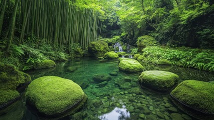 A natural green paradise featuring moss-covered stones, a crystal-clear waterhole, and towering bamboo stalks in the distance.