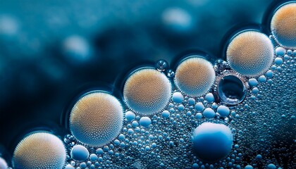 Fototapeta premium Ultra macro of tiny air bubbles trapped in ice, forming intricate, abstract patterns that reveal the beauty and complexity of frozen structures.