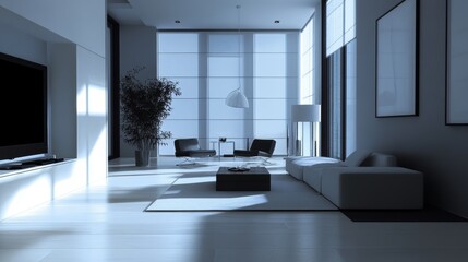Modern Interior of a Minimalist Living Room Featuring Large Windows and Black Accents During Daylight Hours