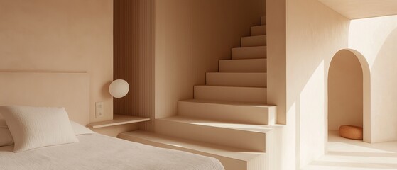 Modern and minimalist bedroom with a minimalist design. the walls are painted in a light peach color and the floor is made of white tiles.
