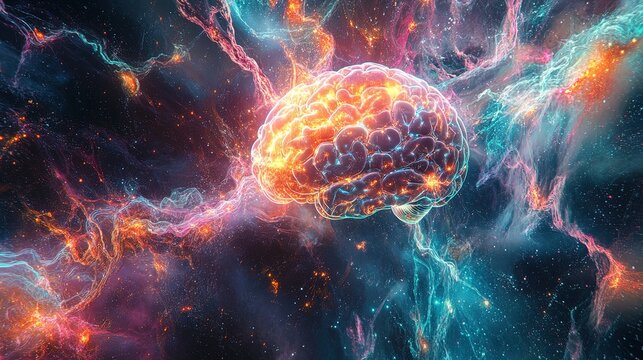 Cosmic mind design featuring glowing brainwaves, digital pathways, and interconnected neurons 