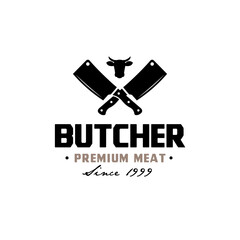 Crossed Knife with cow Head for Vintage Retro Butcher shop label logo design
