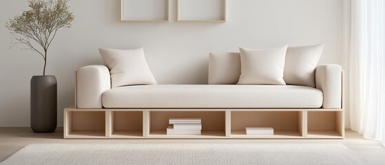 Modern living room with a beige sofa in the center. the sofa has two white throw pillows on it and is placed against a white wall.