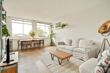 Cozy modern living room with dining area
